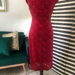 Connected Apparel Red Lace Sheath Dress